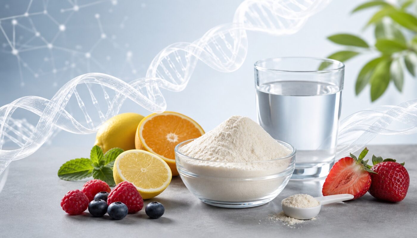 Collagène en poudre, fruits et fibres structurelles