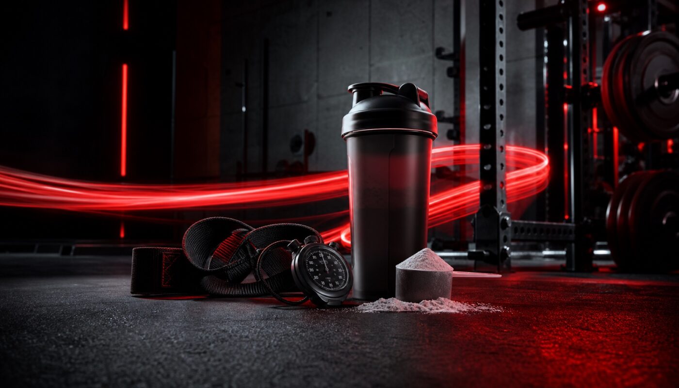 Shaker et accessoires d’entraînement pour illustrer le pre-workout