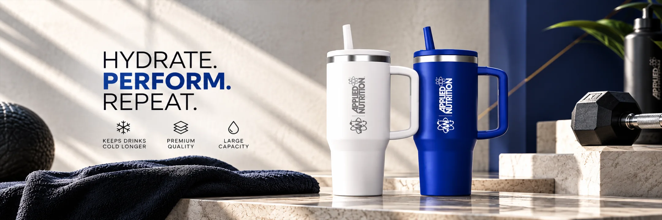 Cooler Tumbler Applied Nutrition 1,2 L blanc et bleu avec anse et paille