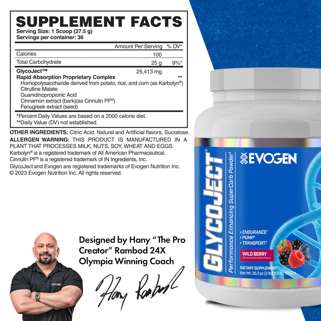 Evogen، GlycoJect، مركبات الكربوهيدرات الفاخرة، نكهة التوت، 1 كجم