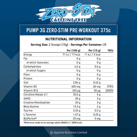 Applied Nutrition, Pump 3G Pre-Workout Zero Stim Caffeine-Free 375g